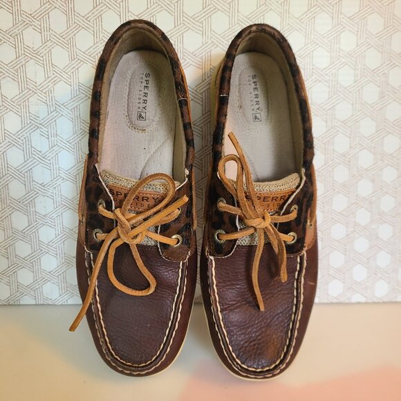 Sperry Top Sider Women's Boat Shoes Size 9 Leather Brown Tan Leopard Print - Picture 2 of 11